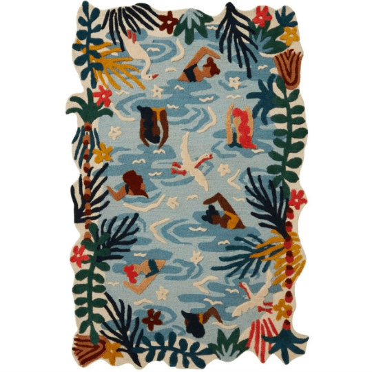 Hand Tufted Wool Area Rug In Swimming Poolside Floral Design Modern Decorative Rug