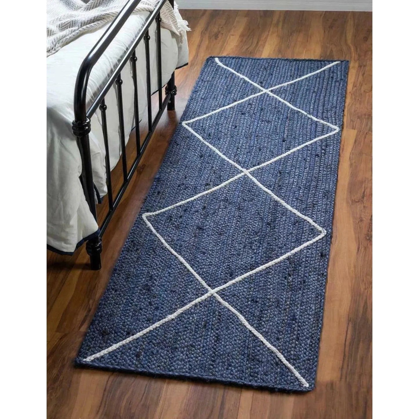 Rugs-Blue Runner Rug-Jute Rug Hand Braided Custom Size Rug Farmhouse Jute Area Rug for Home Decor-Hallway-Kitchen- Living Room-Eco friendly-