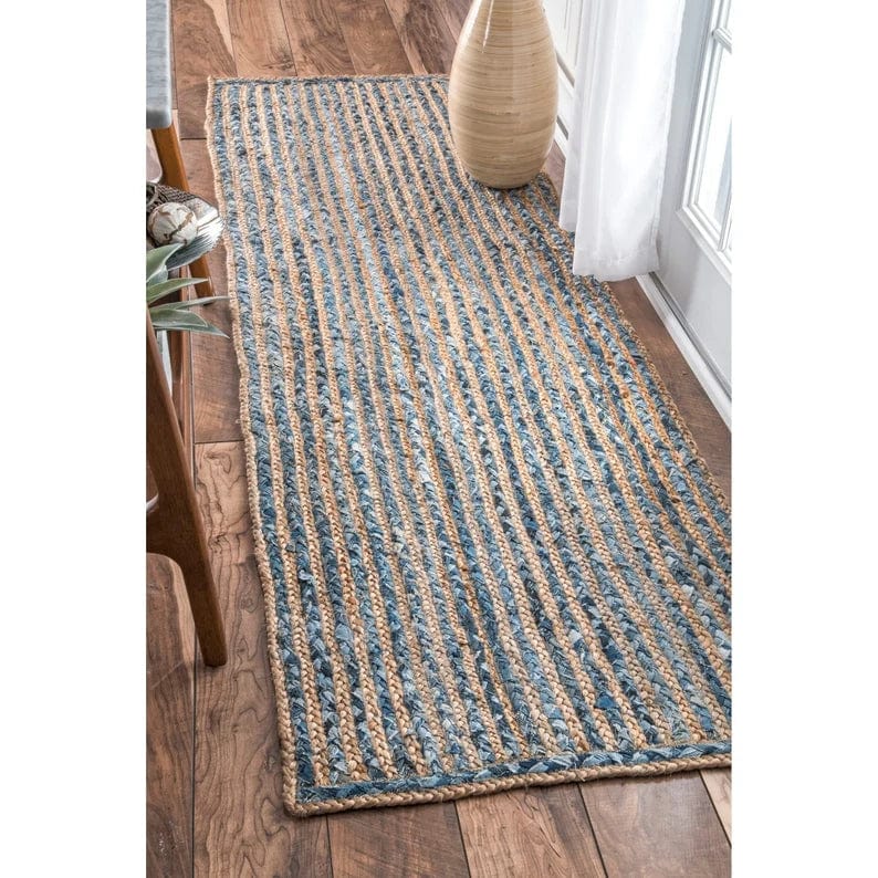 Rugs-Blue Runner Rug-Jute Rug Hand Braided Custom Size Rug Farmhouse Jute Area Rug for Home Decor-Hallway-Kitchen- Living Room-Eco friendly-