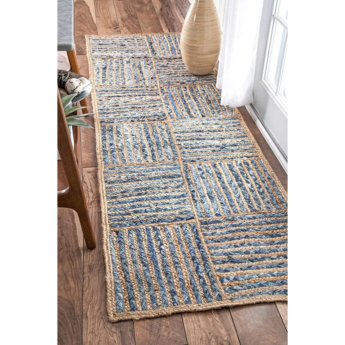 Rugs-Blue Runner Rug-Jute Rug Hand Braided Custom Size Rug Farmhouse Jute Area Rug for Home Decor-Hallway-Kitchen- Living Room-Eco friendly-