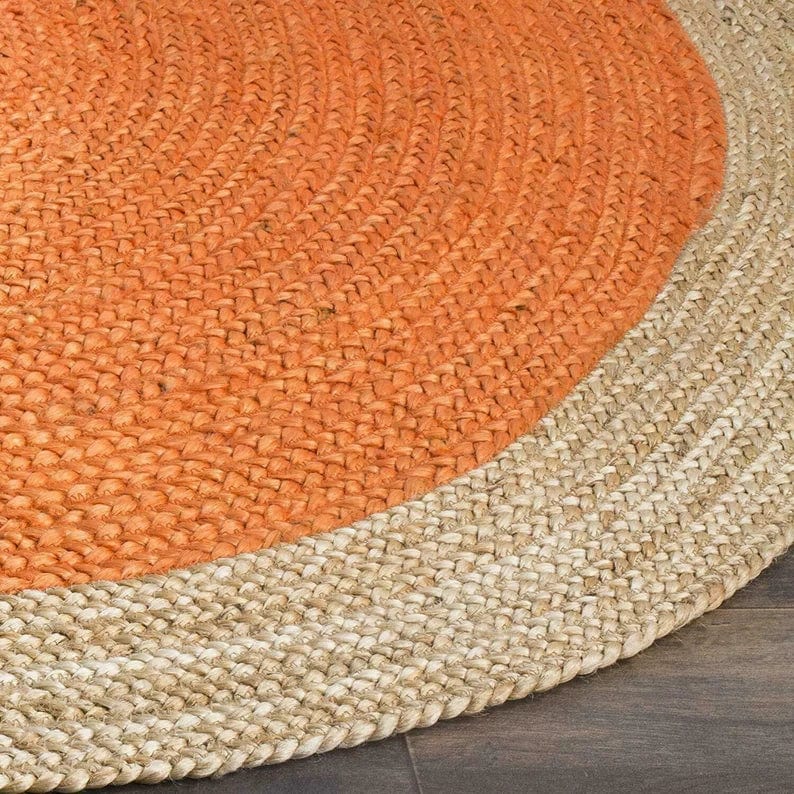 Orange Navy Gold Jute Round Rug Jute Area Rug Hand Made Natural Jute Rug Bohemian Yoga Eco friendly Rugs Hallway Rug