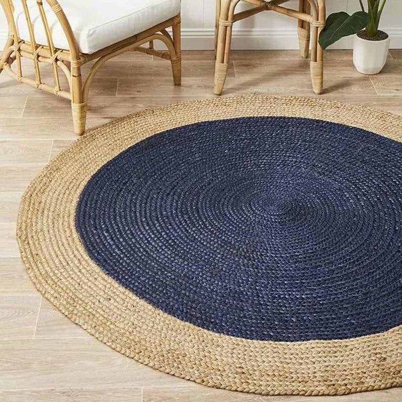 Orange Navy Gold Jute Round Rug Jute Area Rug Hand Made Natural Jute Rug Bohemian Yoga Eco friendly Rugs Hallway Rug