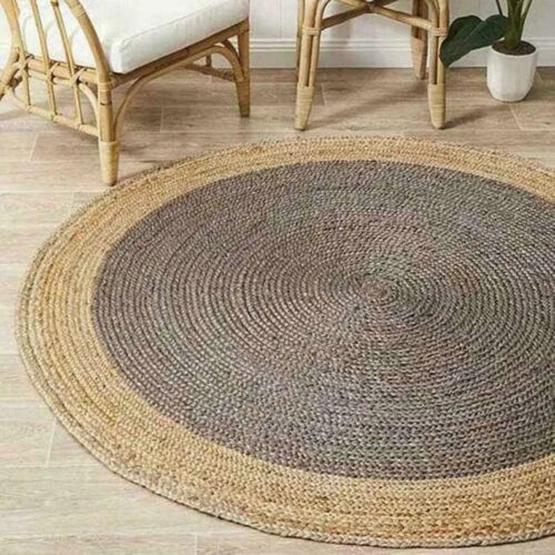 Orange Navy Gold Jute Round Rug Jute Area Rug Hand Made Natural Jute Rug Bohemian Yoga Eco friendly Rugs Hallway Rug