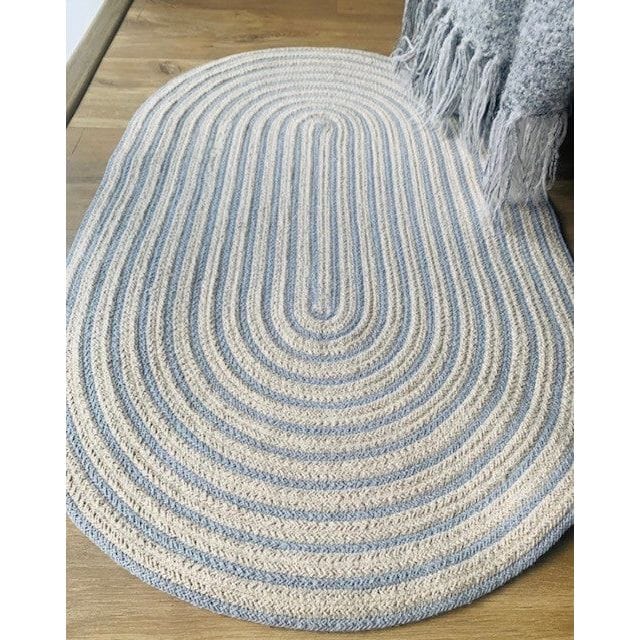 Cotton Oval Bath Mat-Hand Made-100% Cotton Light Blue Cream-Ultra Soft and Absorbent Rugs