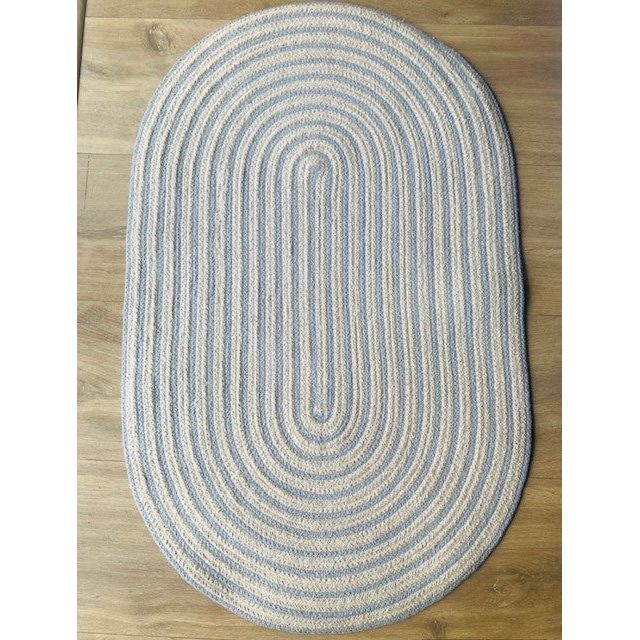 Cotton Oval Bath Mat-Hand Made-100% Cotton Light Blue Cream-Ultra Soft and Absorbent Rugs